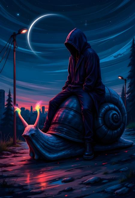 cinna flow, insane solid lines of different colors, each complimenting the other, all working in unison to form a cohesive depiction of a dark menacing figure sitting on a giant snail, at night, the snails eyes are 2 streetlights shining a thick wavy rainbow light throughout ths darkness. Tiny stars litter the shell, each represented as tiny colorful swirls.