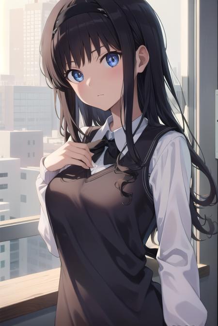 harukamorishima, <lora:harukamorishimatest:1>, haruka morishima, long hair, black hair, hairband, black hairband,
BREAK kibito high school uniform, school uniform, sweater vest,,
BREAK looking at viewer,
BREAK indoors, classroom,
BREAK <lora:GoodHands-vanilla:1>, (masterpiece:1.2), best quality, high resolution, unity 8k wallpaper, (illustration:0.8), (beautiful detailed eyes:1.6), extremely detailed face, perfect lighting, extremely detailed CG, (perfect hands, perfect anatomy),