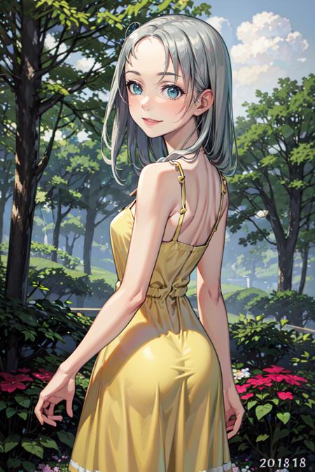 masterpiece, best quality, absurdres, KateTakayama, long hair, silver hair, forehead, from behind, (yellow sundress:1.2), garden, day, sunshine, smile, looking back, aqua eyes, <lora:CHAR-KateTakayama:0.8>, <lora:CONCEPT-YellowSundress:1>