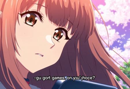 A female up close, long hair, speaking, anime, "you got games on yo' phone?" In gamepixel text on top of screen, beautiful background, brown eyes, looking up at viewer