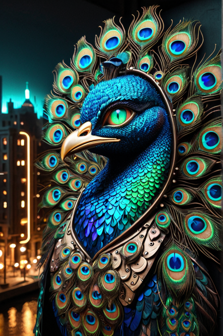 "Abstract cityscape at night, buildings adorned with glowing peacock eye patterns, neon reflections, <lora:Peacock_World_Morph_XL:1>." Hyperrealistic portrait of Mona Lisa reimagined as a humanoid peacock, maintaining her iconic pose and enigmatic smile. Adorned with incredibly detailed iridescent blue and green feathers, subtle eye patterns, and a majestic crest. The background is a complex and imaginative retro-futuristic cityscape infused with elaborate Steampunk mechanical details, brass pipes, and glowing vacuum tubes. Photorealistic, cinematic lighting. <lora:Peacock_World_Morph_XL:1>âââ