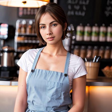 ((SFW)), RAW candid cinema of waitress, blouse, apron, (very short hair), full body shot, in cafe, (ultrarealistic), best quality, extremely detailed, cinematic lighting, conysv2-10000