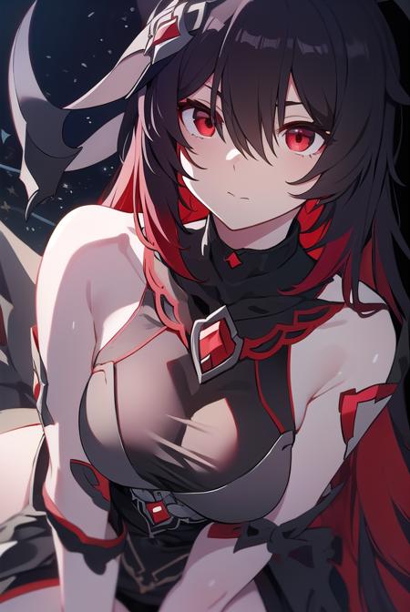 starchasm nyx, antenna hair, dress, hair between eyes, long hair, (red eyes:1.5), black hair, red hair, two-tone hair, gradient hair, hair ornament, bare shoulders, black dress, black footwear, boots, chain, dress, thigh boots, thighhighs,