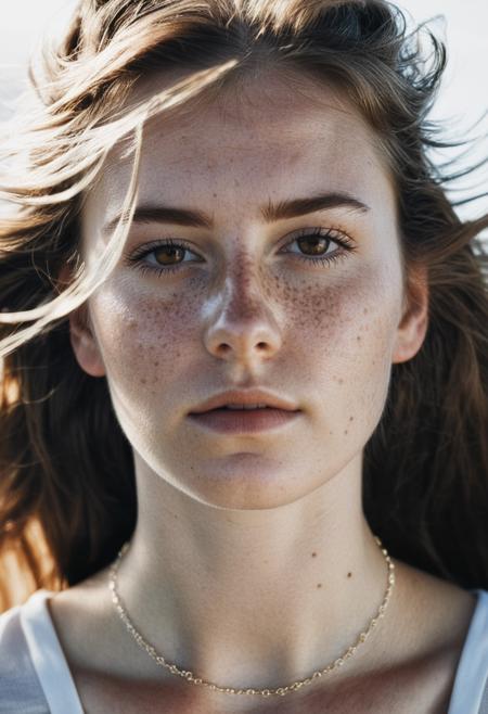 incredibly absurdres,8K,realistic,cinematic photo,photograph,film grain,(wide shot:1.2),(analog:1.3),F/5,(cinematic still:1.2),35mm photograph,film,professional,Cinematic Lighting,a 25 year old girl is running in the morning,looking_at_viewer,full_shot,detailed face,perfecteyes,brown hair,long hair,detailed hair,orgasm,distance,dry skin,skin pores,freckles,moles,model,virgin mary necklace,