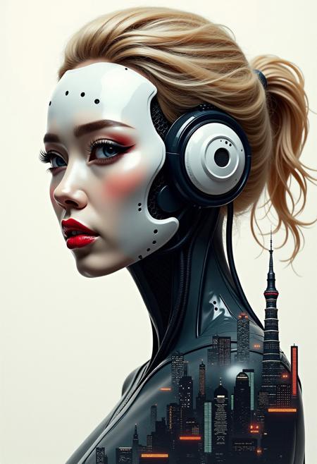 photorealistic poster ink art, Silhouette Art, magnificent, double exposure, crisp lines, sci-fi cityscape below and to side of closeup portrait of stunning japanese female robot, with a ceramic humanoid faceplate, blonde loose hair, dark eyeshadow, red lips, direct gaze