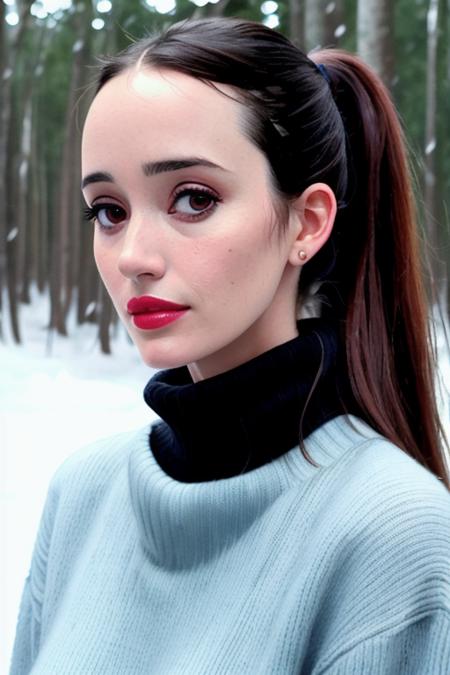 (photo of saraml-1470:0.99), a woman, ((closeup, portrait):1.2), ((outdoors, forest, snow)),(lipstick, eyeliner, eye shadow), (pale skin), slight smile, (ponytail), (turtleneck sweater), ((detailed eyes, detailed face))(masterpiece:1.2)