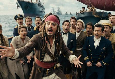 Johnny Depp dressed as Captain Jack Sparrow taking a selfie with 
Rowan Atkinson dressed as Mr Bean on the board of a sinking ship, in the background you can see the sailors yelling and screaming , realistic, complementary colors . octane render, highly detailed, volumetric, dramatic lighting