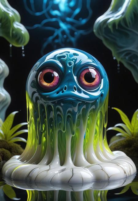 Liquid Marble, digital art of gradient-colored see-through slime creature , the slime has big anime like eyes without mouth, isekai world, depth of field, nature, sparkling eyes, sparkling aura,   vibrant colors blending seamlessly, high-definition textures, intricate details, perfect lighting, 8k resolution, floating in mid-air, glossy surface, highly detailed, vivid reflections, dynamic composition Liquid Marble,