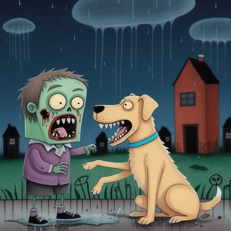 A pencil-colored drawing with black ink outline in a naive style. 
A zombie eats a dog. Garbage in the background, night, rain.
<lora:sdxl_lora_abelman_style:1>
