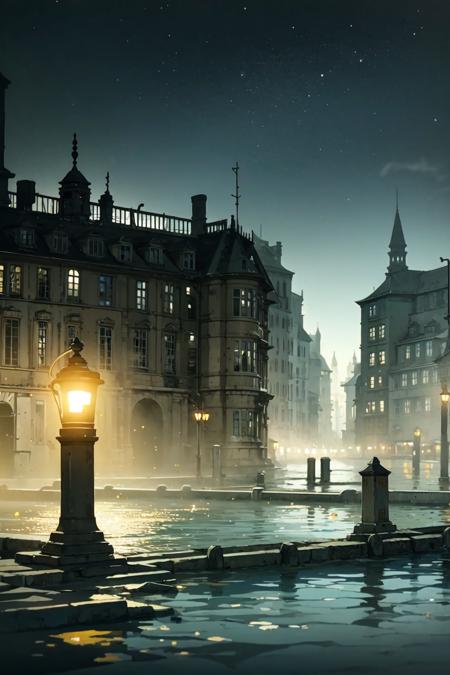 ((Best quality)), ((masterpiece)),European classical town,mist,(2d:1),(floating colorful water:1.3),close shot,pleasant,Night