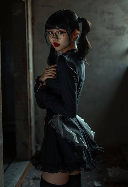 DLSR photograph of a tall, slender, beautiful extremely sexy 26 year old korean model .
lighting<lora:MoriiMee_Gothic_Niji_Style_FLUX:0.3500000000000001> <lora:AsirAsianPhotographyflux:0.7000000000000002>
1girl, porcelain skin, blush, dark purple eyes, bags under eyes, crazy eyes, jitome, desperate gaze, round glasses, upturn nose, black hair, glossy hair, glossy lips, twintails, blunt bangs, gloomy, obsessive, parted lips, evil smile, medium breasts, ornate clothes, black frilled blouse, black miniskirt, white petticoat, long sleeves, puffy sleeves, black thighhighs, mary janes standing, from side, looking at viewer, hand on own chest, skirt hold, upper body
BREAK 
dilapidated house, dark, masterpiece, best quality, very aesthetic, absurdres, vignetting, chiaroscuro, hard shadows, Expressiveh