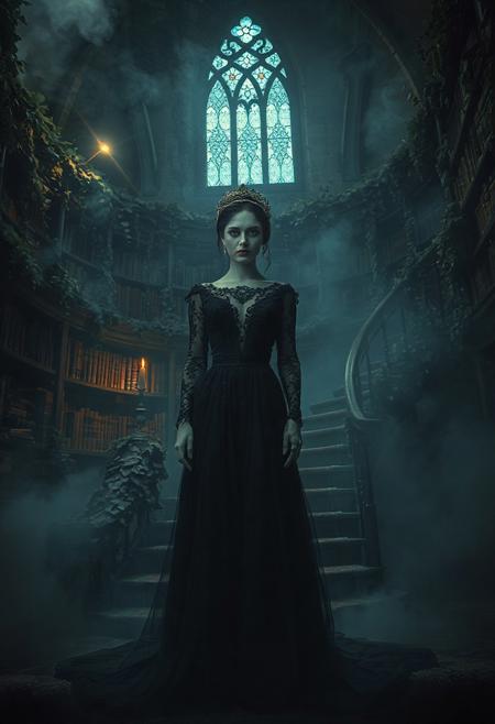 A hauntingly beautiful scene unfolds in a crumbling, ivy-covered library nestled within a forgotten gothic estate. A woman in a flowing black lace gown, adorned with a delicate crown of silver and obsidian, stands at the center of a vast, circular staircase. The air is thick with swirling mist, obscuring the towering bookshelves and ancient manuscripts that line the walls. A single, flickering candlelight casts long, jagged shadows across her face, highlighting her sharp, angular features and the deep, smoky makeup that accentuates her eyes. Her gown, layered with intricate embroidery, billows slightly as if caught in an unseen breeze, while the faint glow of a stained-glass window above bathes her in a ghostly blue hue. The atmosphere is charged with eerie tension, blending Victorian elegance with a sense of impending dread. Inspired by the surrealism of H.R. Giger and the atmospheric storytelling of Tim Burton, this image captures the duality of beauty and decay, with hyper-detailed textures, 8k resolution, and cinematic lighting that emphasizes the interplay of light and shadow.
