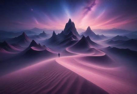 sandswirl, swirling sand, In the surreal images of ssfjV1, mountains and galaxies are obscured by clouds and fog. A winding path of glowing, ethereal lights leads through jagged, rocky mountains to two towering, conical structures resembling pagodas. The sky is a vibrant mix of purples, blues, and pinks, with a bright, full moon and starry background. Silhouetted figures walk along the path, adding a sense of scale and wonder. The overall atmosphere is surreal and otherworldly.