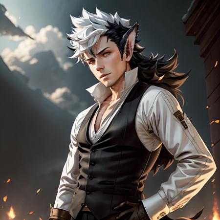 fire emblem, fates, keaton, man, long hair, multicolor hair, white hairs on top, black hairs below, wolf ears, wolf tail, fluffy tail, wolfskin, red eyes, mischievous, fierce, muscular build, sleeveless black vest, black trousers, white shirt, brown gauntlets, boots