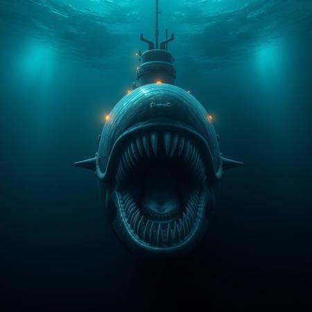 megalophobia, thalassophobia, a submarine sailing on the (bottom of the ocean) with the lights pointing forward, the front of the submarine has an abyssal monster with its mouth open ready to swallow it, it is not possible to estimate its size, but the monster makes the submarine seem insignificant
