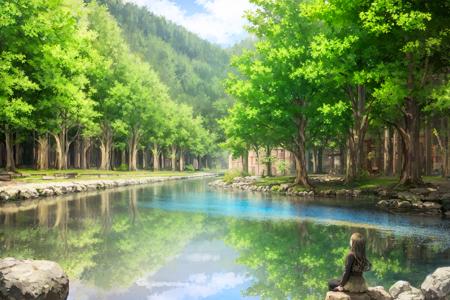 nature, scenery, tree, forest, water, outdoors, solo, sitting, reflection, 1girl, day, long hair, sunlight, 1boy<lora:ruinx:1.1>