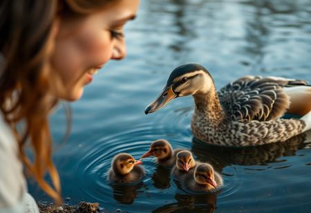 beautiful woman on the shore feeding a duck and her chicks in a pond in the morning, close up on face and duck
