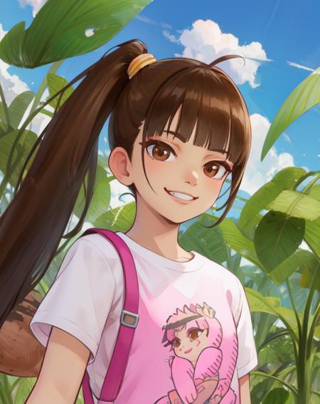 ally, side ponytail,  black hair, brown eyes,  smile,  smug, 
white shirt, pink shorts, 
standing, 
backyard, giant leaf,   small perspective, 
(insanely detailed, beautiful detailed face,beautiful detailed eyes, masterpiece, best quality)  solo,
 <lora:hoops-10v6:0.7>