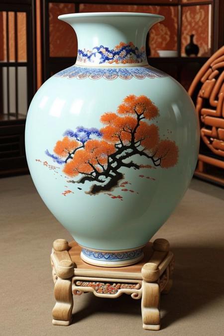 castle interior, ((giant Chinese vase lacquered with elegant fall designs))