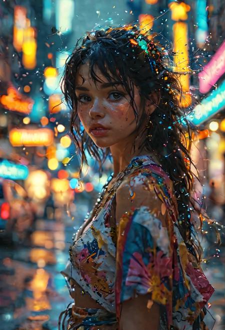 (extremely intricate:1.3), (realistic), photo of a beautiful 20 year old hispanic girl in a bustling metropolis, weaving through crowded streets and dark alleyways, close up, dimple, Detailed clothes, ((white skin:1.0)), light brown eyes, ((visible skin texture))flowing black hair, determined expression, shiny glossy skin, subsurface scattering, (sharp:0.7), [(colorful explosion psychedelic paint colors:1.21)::0.05], amazing fine detail, Nikon D850 film stock photograph Kodak Portra 400 camera f1.6 lens, rich colors, lifelike texture, dramatic lighting, urban environment, skyscrapers, neon signs, street vendors, dynamic composition, unreal engine, trending on ArtStation, cinestill 800 tungsten
, volumetrics dtx, (film grain, blurry background, blurry foreground, bokeh, depth of field, motion blur:1.3)<lora:more_details:0.6>