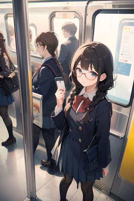 ((masterpiece,best quality)), <lora:GoodHands-beta2:1>,from above,depth of field,1girl, school uniform, twin braids, glasses, subway station,subway,train station, people