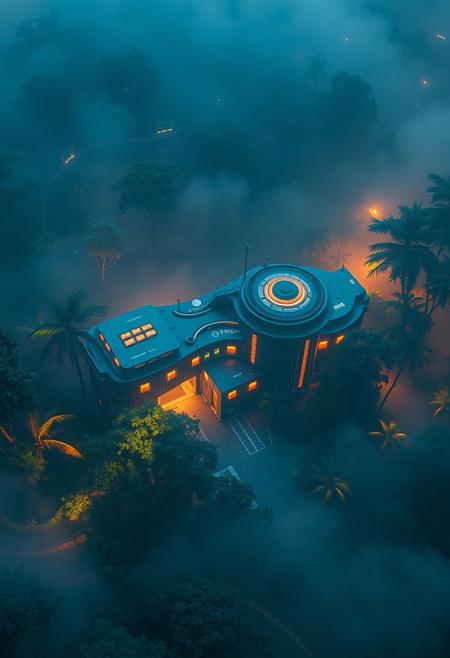 aerial view, a futuristic research complex in a bright foggy jungle, hard lighting