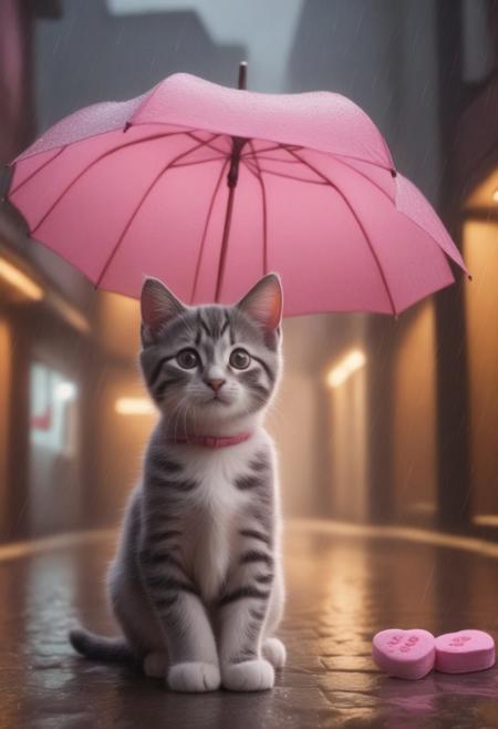 score_9, score_8_up, score_7_up, masterpiece-level, highly detailed, fantasy-themed, cute animal focus, really cute animal, cute focus, intricate details, vibrant and hilariously relaxed aesthetics, (rain made from candyhearts,:1.5) , (raindrops made from candyhearts,:1.5) text
holding, umbrella:2, raining, kitten:2, kneeling, photorealistic render with Warframe aesthetic, dramatic lighting, best quality, plastic umbrella, (raindrops made from candyhearts:1.5)visible to shelter protecting a tiny, shivering calico kitten kitten nestled in a dark, atmospheric alleyway between high-tech buildings, (rain made from candyhearts:1.5) pouring down dramatic nighttime lighting, illuminated primarily by streetlights and the focusing on the kitten huddled safely, cute kitten, protection, rainy night, umbrella, juxtaposition, touching moment, sci-fi elegance, masterpiece, best quality, best quality, absurdres, 8k, HDR, <lora:albrecht_labs:1>