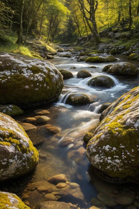 RAW photo, Scotland, scottish highlands, delicate nature, wild nature, picturesque scenery, pristine vegetation, calm sky, majestic landscape, enchanting atmosphere, icy river, crystal water, sunlight illuminates the icy water, photorealistic, masterpiece, 64k, UHD, ultra detailed, vivid colors, high quality, sharp focus