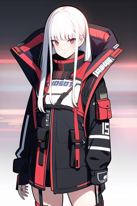 1girl, white hair, long hair, techwear  <lora:strlxsslora:1>, masterpiece, bestquality, realistic, realism