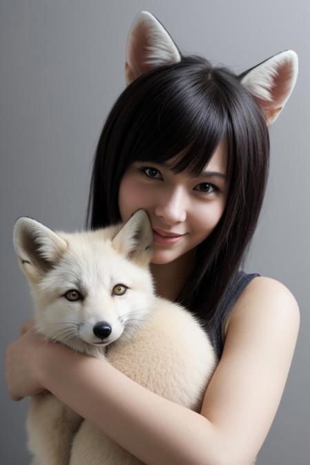 score_9, score_8_up, score_7_up, score_7, score_6_up, score_5_up, 1 woman, grey background, close up, Ahri, league of legends, hugging a white fox,
