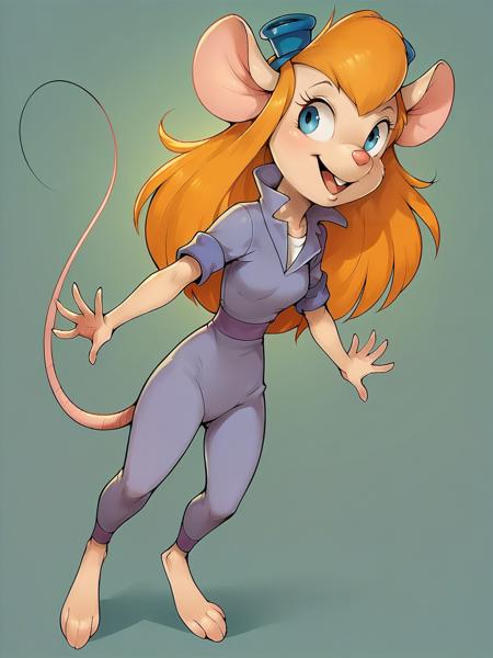 gadget, 1girl, solo, long hair, mouse tail, mouse ears, blue eyes, furry, buck teeth, orange hair