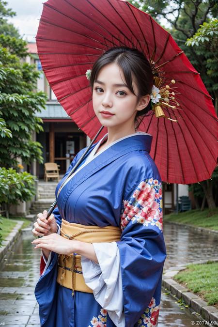 masterpiece, best quality, woman, wearing blue kimono, hand holding umbrella, good hand, detailed skin, sharp focus, soft lighting, dynamic angle, detailed face, <lora:parasol:1>