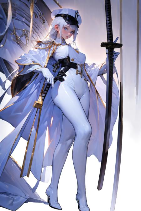 1girl,solo,<lora:GoodHands-beta2:1>,medium breasts,(full body:1.3),<lora:0111 white leather inquisitor_v1:1>,ruanyi0111,belt,white bodysuit,thigh boots,white gloves,katana,white cloak,sheathed,, (masterpiece, best quality, hires, high quality, by professional artist, ultra detailed, extremely detailed, absurdres, incredibly resolution:1.2), good hands, perfect hands,