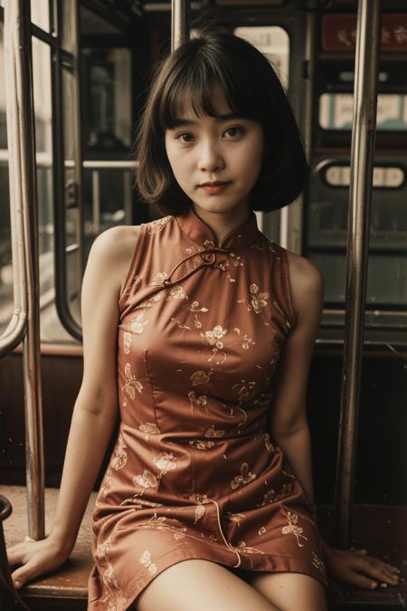 (small girl) sitting, old Hong Kong,
beautiful asian baby face,
bangs, traditional hair style, small body, narrow shoulder, medium breasts,
cheongsam, sexy pose,
background of 1960s Hong Kong crowd in tram,
old photo,
dust,
<lora:lcm_lora_sdv1_5 :0.5><lora:FilmVelvia3:0.5> <lora:oldPhotoV1:0.6>