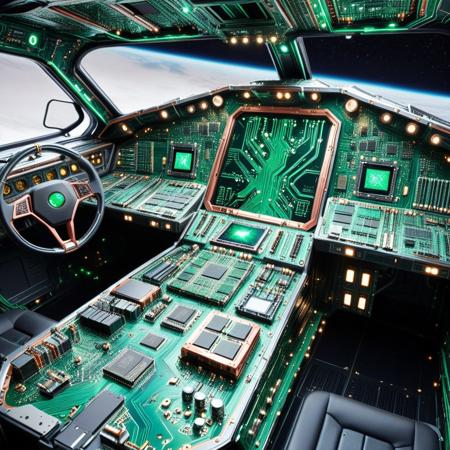 a spacecraft cockpit entirely sculpted from black and emerald circuit board layers, dashboard outlined with glowing trace lines, flight instruments integrated as capacitive touchpads, control sticks fused from heat sinks and copper bus rails, exterior stars reflecting in polished microchip panels, pcb_style