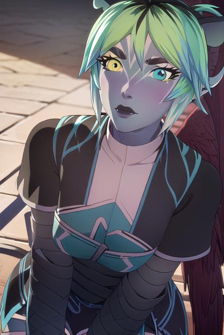 naimi selari nykantia, short hair, black hair, (yellow eyes:1.3), multicolored hair, green hair, horns, two-tone hair, aqua hair, makeup, colored skin, (heterochromia:1.5), blue eyes, grey skin, blue skin, thighhighs, wings, cape, armor,