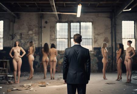 Surreal art print photograph. Abandoned warehouse space with dark surreal lighting. 
A man in a business suit stands in the midground. His face is an indistinguishable blur but his body is shalt on focus. Bokeh effect, man in suit in focus.  
He is surrounded by beautiful nude women.  They stand with hands behind backs submissively. All are beautiful and realistic.