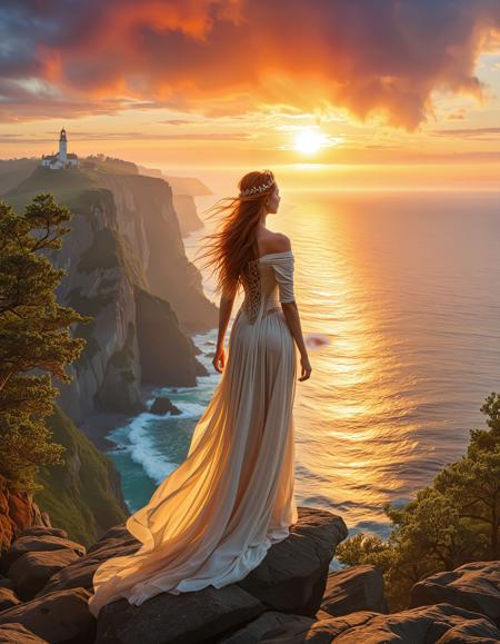 freyja, auburn hair, braided hair, magic, forest, mythic beauty, <lora:NBN-Freyja_NordicByNature:0.8>, ,The goddess standing atop a cliff, watching longships sail beneath a fiery sunset.,photo Fantasy art combining the styles of Boris Vellejo and Luis Royo,Photorealistic, real photo, god rays, 1girl, 21yo,realistic, clear focus, high resolution image, ,Sexy pose, erotic pose, exhibitionism, ,A historic town square with cobblestones and a clock tower