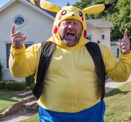 <lora:Alex Jones SDXL - Trigger is Alexjones Person:1> alexjones person wearing a Pikachu costume while yelling at his neighbors house