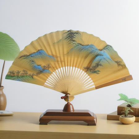 SongQiLi,<lora:qili-sdxl_v1-000010:0.8>an open folding fan on a table,(a white background:2),in the study room,indoor,