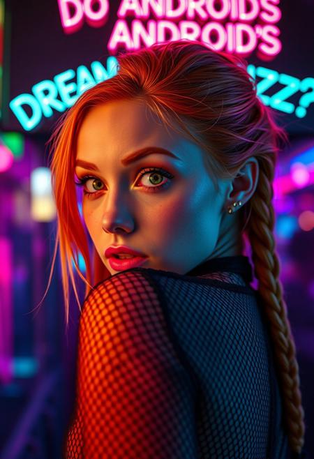 neon sign "DO ANDROIDS DREAM OF BUZZ?",
a dramatic extreme close-up of a woman's eyes, intense, looking back over her shoulder, emotional atmosphere, in the style of cksc, beautiful surprised woman, looking at viewer, (alert), (((pale skin))), orange hair, freckles, long braided hair, big green eyes, glowing green eyes, blacklight, (((skin-tight jumpsuit))), ((cybernetics)), ((fishnet clothing)), limited palette, candy colors, pink, pale blue, lime green, colorful bokeh, blurred background