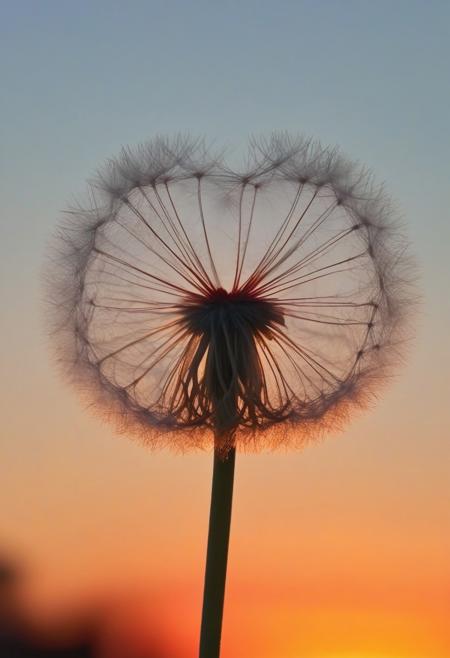 a little red heart in a dandelion seed, lit by the sunset sky background in the color of the sunset