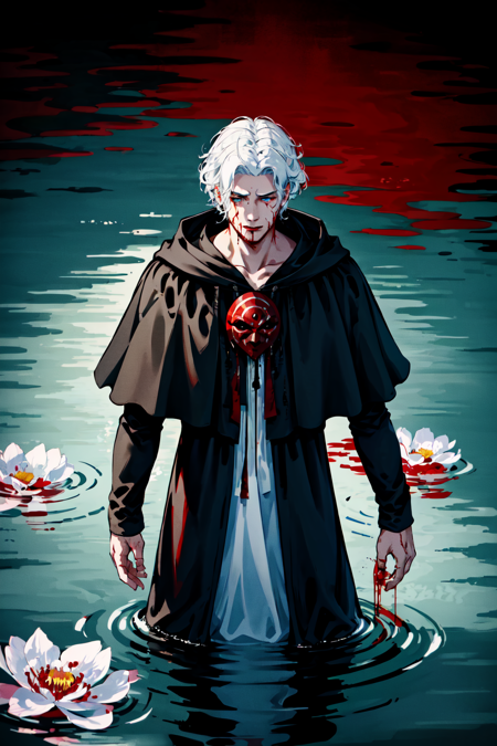 Emet Selch, 1boy, 2boys, black capelet, black robe, bleeding, blood, blood on clothes, blood on hands, blue eyes, capelet, collarbone, corpse, different reflection, dual persona, flower, from above, grey capelet, hood, hood down, hooded capelet, long sleeves, looking down, male focus, mask, mask around neck, mask removed, medium hair, multiple boys, partially submerged, pool of blood, reflection, reflective water, ripples, robe, short hair, standing, wading, water, white flower, white hair<lora:Hades_V2:0.6>