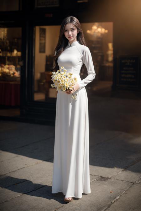 1girl, aodai, photo art, (flower:1.2),<lora:aodai_SD_chiasedamme_v02:0.7>, a stunning photo with beautiful saturation, ultra high res,(realistic:1.4)),deep shadow,(best quality, masterpiece), pale skin, dimly lit, shade, flustered, blush, highly detailed, skinny, BREAK depth of field, film grain, wrinkled skin, looking at viewer, knee, warm smile, (full body:1.2), masterpiece,ultra realistic,32k,extremely detailed CG unity 8k wallpaper, best quality