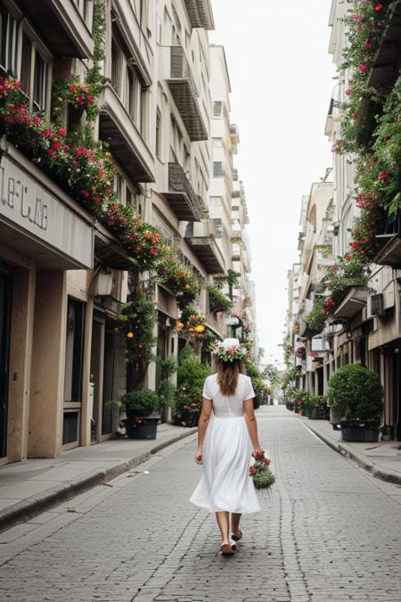 A girl in a white long light dress, with a wreath of flowers on her head, walks down a deserted city street