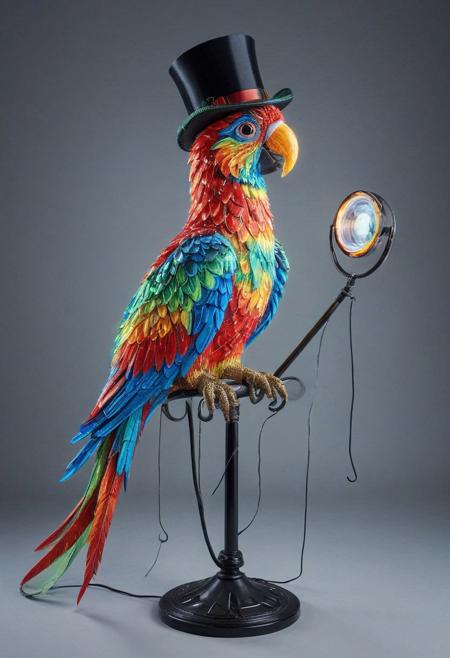 embedding:lazmpos, LED, colorful LED lights, RGB lights, red green and blue parrot, art deco, top hat, cane, monocle,RetroBG