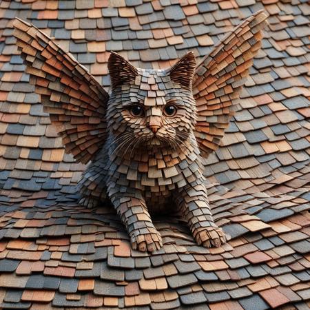 mad-shingles, score_9, score_8_up, score_8, Masterpiece, High Details, HD, 8K, Photorealistic, perfect, High Quality, A flying fairy made out of Roof Shingles with the face of a cat. Within a magic World