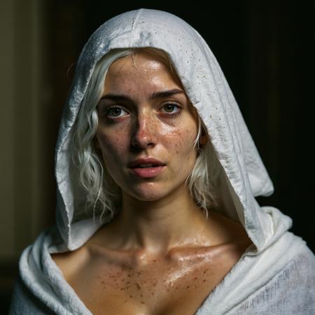 RAW full body analogue photo of a beautiful 20 years old woman, clear focus, 8K,__Random_Woman__,woman, vampire, fangs, white hair, robes,  innocent, cute, endearing, upset, angry, blushing, horny, clear face, highly detailed face, beautiful face, hyper realistic face, gentle face, big eyes, bare shoulders, bare neck, wet skin, freckles, [body freckles], ripped wet heavy clothes, wet cloak, cloak closed, ,low light, soft natural light, Rembrandt style light, Hasselblad DLSR camera, 200mm Zeiss lens, f/2.8 ,Sexy pose, erotic pose, exhibitionism, medium breasts (sexy thicc body)