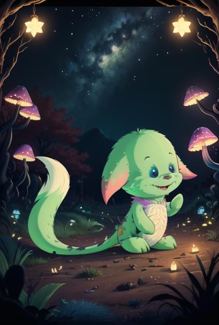 (8k, RAW photo, best quality, masterpiece:1.2), 
red fur, white eyes, claws, fang, bones, fluorescent mushroom forest, night, fluorescent stars, magic, magical flowers, spirits,kacheek, <lora:Kacheek:0.70>