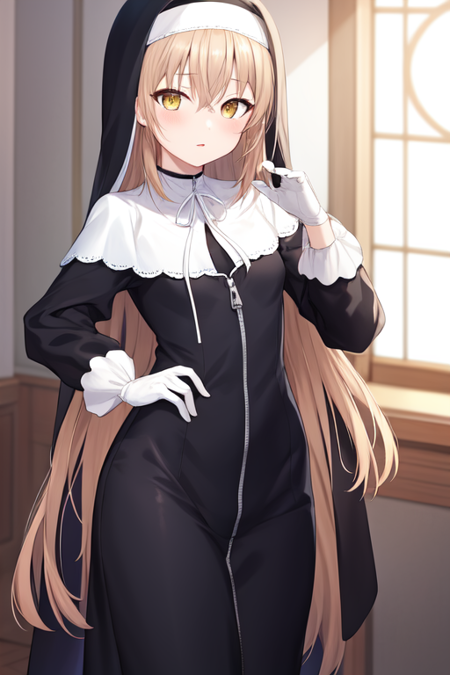 nun, hair between eyes, ribbon, gloves, brown hair, yellow eyes, small breasts, white ribbon, full-length zipper, white capelet, very long hair